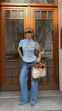 Daiiibabyyy  Light Blue Vintage Blouses Women Stand Collar Tie Neck Ruched Front Puff Short Sleeve Fitted Silhouette Tops Street Wear