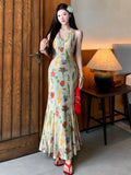Daiiibabyyy  Vintage Printing Halter Dress Women's Clothing Sleeveless Slim Fit Temperament Vestidos High Waist Fashion Sweet Maxi Dress