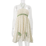 Daiiibabyyy  Summer French Prairie Chic Slash Neck Lace-up Polka Dot Print Bow Backless Short Dresses