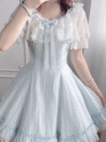 Daiiibabyyy  Coquette Sweet Lolita Dress Women Lace Trim Bow Ruffle Short Sleeve Ruched Waist Bubble Hem Slim Fit Mini Dress Elegant Beach
