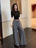 Daiiibabyyy  Gray High-Waisted Wide-Leg Pants Drapey Fabric Loose Fit Casual Women's Fashion Trousers Daily Wear Bottoms