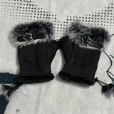 Daiiibabyyy  Winter Rabbit Fur Half Finger Sexy Leopard Gloves Fur Suede Adjustable Design Fingerless Y2K Gloves Padded Thickened Outdoor