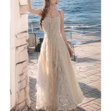 DAIIIBABYYY  -  Minimalist Commuter Summer New Women's Sleeveless Sling A-Line Solid Color Diamond Chain Feather Bow Elegant Slim Long Dress