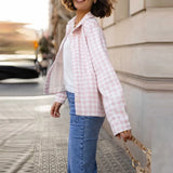 Daiiibabyyy  Autumn Fashion Lapel Collar Loose Short Coat Winter Elegant Plaid Print Jacket Button Commuter Women Casual Long Sleeve Cardigan