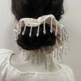 Daiiibabyyy  1PC Elegant Beige Velvet Hair Scrunchie With Crystal Bead Decor, Shiny Satin Hair Tie For Women, Party & Daily Hair Accessory