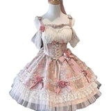 DAIIIBABYYY  -  Japan Lolita Sweet Girl Pink Blue Jacquard Fabric Off-The-Shoulder Dress Female High Waist Lace-Up Bow Above Knee Princess Dress