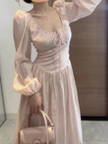 Daiiibabyyy  Korean Sweet Pink Dress for Women Square Collar Slim Waist Robe Elegant Femme Vestidos De Mujer Vintage Puff Sleeve Maxi Dresses