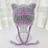 Daiiibabyyy  Cat Ear Contrast Stripe Handmade Crochet Plush Hat Children's cute ear protection warm imitation mink wool cap in winter