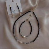 Daiiibabyyy Natural Stone Necklace For Women K-pop Black Spinel Freshwater Ethnic Pearl Choker Crystal Chip Bead Bracelet Earring Jewelry