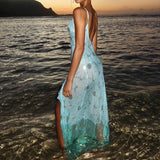 Daiiibabyyy  High Split Irregular Slim Beach Dress Elegant Sequins Print Backless Long Dresses Sexy V-neck Sleeveless Suspender Dress
