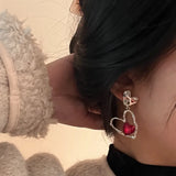 Daiiibabyyy 2024 New Korean Trendy Red Crystal Stone Dangle Earrings Simple Vintage Gothic Pearl Heart Pendant Earring Ear Drop Jewelry Gift