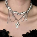 Daiiibabyyy  Y2K White Zircon Cross Pendant Necklace for Women Exquisite Leather Rivet Star Tassel Choker Vintage Punk Versatile Jewelry Gift