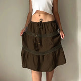 Daiiibabyyy  Vintage Skirt for Woman A-Line Beaded Tie-Waist Chic Brown Lace Design Slim Mid-length Skirt Y2k Boho Clothes New