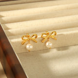 DAIIIBABYYY  -  Stylish 18K Gold Plated Stainless Steel Bowknot Imitation Pearl Drop Stud Earrings for Women Charm Bow Earring Party Gift