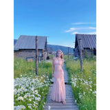 Daiiibabyyy  French Style Floral Print Off-Shoulder Long Dress Women's Slim Fit Sexy Mesh Skirt Summer New Arrival Elegant Lady Dress