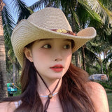 Daiiibabyyy  Vintage Summer Western Cowboy Hats Wide Brim Vacation Straw Cowgirl Hat Hiking Travel Sunscreen Visor Cap Outdoor