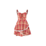 DAIIIBABYYY  -  Sweet Cool Hottie Style Plaid Irregular Lace Spliced Camis Dresses Women's Summer Off-shoulder Waist Slimming Sling Cake Dress