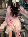 DAIIIBABYYY  -  Korean Print Ruffles Pink Mini Dress Slim Wasit Fairy Puff Sleeve Ball-Gown Square-Collar Vestidos 2025 Summer Chic New Clothes