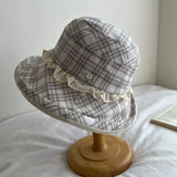 Daiiibabyyy  Japanese Plaid Bucket Hat for Women Spring Summer Breathable Sun Protection Hat Large Brim Lace Edge Foldable Fisherman Hats