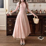 Daiiibabyyy  Women's Clothing French Style V-Neck Long Dress Stylish Drawstring Bow Summer Short Sleeve Vintage Elegant A-Line Waist Dresses