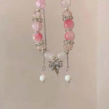 Daiiibabyyy  Korean Pink Crystal Flowers Butterfly Pendant Beaded Bracelet For Women Sweet Beaded Chain Bracelet Jewelry Gifts