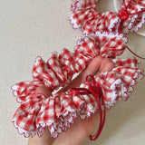 Daiiibabyyy  1PC Red And White Plaid Scrunchie With Lace Trim And Heart Button,Cute Hair Accessory For Women, Stylish Hair Tie For Daily Wear
