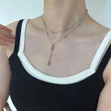 Daiiibabyyy  Double Layered Silver Color Bead Necklace Simple Thin Chain Round Beads Tassels Trendy Design Collarbone Chain Women's Jewelry