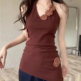 Daiiibabyyy  Sweet Three-dimensional Flower Halter Vest for Women in Summer Design Slim Base Sweet and Spicy Back Top