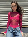 Daiiibabyyy  Women Sexy Rhinestone Hollow-out Fishnet Bodysuit Fashion Crew Neck Full Sleeve Slim Solid Top New Lady High Street Tops