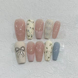 Daiiibabyyy Handmade Long Almond Wearable Fake Nail Pure Colour Temperament False Nails Nude Pink Glitter Rhinestones Removable Nail Patch