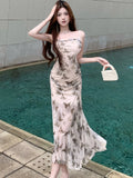 DAIIIBABYYY  -  New Print Mesh Sling Long Dress Summer Elegant Beach Style Holiday Dress Women Korean Fashion Bodycon Ruffled Mermaid Dress