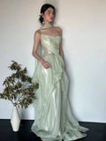 Daiiibabyyy  Mint Party Evening Dress Women Strapless Mermaid Pleat Formal Occasion Dress Elegant Shiny Backless Prom Gown Customized