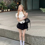 DAIIIBABYYY  -  Preppy Bow Shirts Women Fashion Streetwear Cropped Puff Short Sleeve Blouses Summer Y2K Gyaru Korean Design Slim Tops New