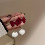 DAIIIBABYYY  -  Wine Red Flocking Bow-knot Rhinestone Pearl Tassel Drop Earrings for Women Korean Fashion Winter New Year Party Earring Jewelry