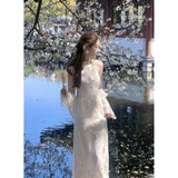 DAIIIBABYYY  -  Improved Modern White Halterneck Floral Embroidery Sleeveless Cheongsam Dress with Jacket Women's Autumn Chinese Party Dresses