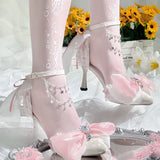 Daiiibabyyy  Mid Heel Shoes Woman Pink Green White Heels Pointed Toe Bridal Heels Lolita Heels Y2K Accessories Bow Pearl Stiletto Women
