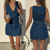Daiiibabyyy  Summer Woman Denim Dress Cotton V Neck Jeans Dress High Waist Short Denim Dresses Mini Tie Back Jean Dress Front Buttons