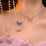 DAIIIBABYYY  -  Y2K Glass Butterfly Pendant Pearl Beads Necklace for Women Korean Fashion Kpop Rhinestone Clavicle Choker Jewelry