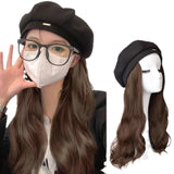 Daiiibabyyy  Women's Beret Hat Integrated Fashion Simulation Hair Extension Long Straight Fake Hair with Cap Asian Fiber Hats