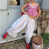 Daiiibabyyy  French Vintage Lace Lantern Pants Women Elastic Waist Loose Casual Streetwear Y2K Hot Girl Trendy All-match Long Trousers