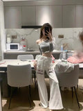 DAIIIBABYYY  -  Pure Sexy Letter Print Off Shoulder T-shirt Women's Autumn Hot Girl Long-sleeved Short Slim Fitted Top Fashion Female Clothes