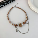 Daiiibabyyy  Little Bear Brown Beaded Splicing Necklace Women's Clavicle Chain