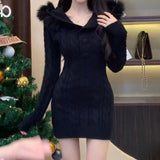 Daiiibabyyy  Dress gentle Versailles knitted wool hooded red women's clothing new long-sleeved slim-fitting and thin hip-wrapped skirt
