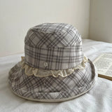 Daiiibabyyy  Japanese Plaid Bucket Hat for Women Spring Summer Breathable Sun Protection Hat Large Brim Lace Edge Foldable Fisherman Hats