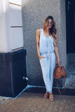 Daiiibabyyy  Casual Women Jumpsuit Sleeveless High Waist Button Front Romper Light Blue Straight Leg Solid Color Denim Jumpsuit Drawstring