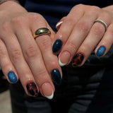 Daiiibabyyy  24PCS Sweet Cool Short Oval Press on Nails Leopard Cow Pattern French Metallic Silver Fake Nails for Spice Girls Simple Ins Nail
