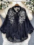 Daiiibabyyy   Embroidered Beaded Lantern Sve irt Women's Summer Thin Loose Outerwear Long Sve Top Korean Sle Commute