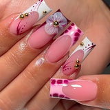 Daiiibabyyy  24Pcs Mid-length Square Press on Nails French Reusable Full Cover Fake Nails Tips 3D Star Love Heart Pearl Design False Nail Art