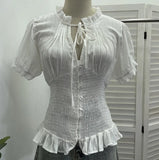 Daiiibabyyy  Hollow Out Solid Y2k V Neck Short Sleeve Single Breasted Lace-up Slim Women Shirt