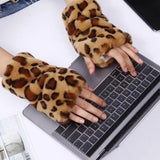 Daiiibabyyy  Imitation Rabbit Hair Leopard Print Half-Finger Gloves WinterPlush Warm Gloves Outdoor Cycling Driving Fingerless Gloves Women